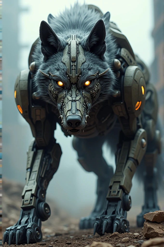A transformers style wolf with a piercing gaze
