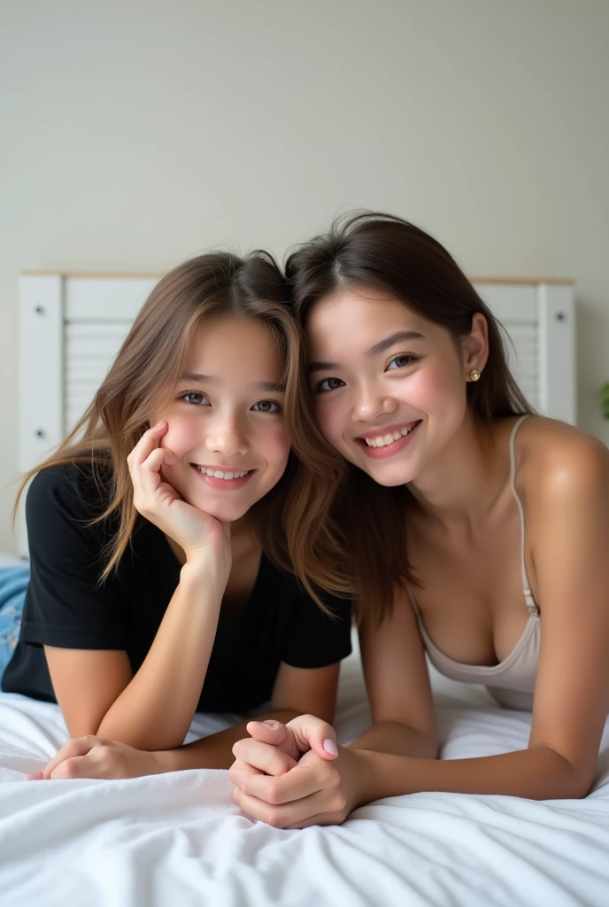 2 girl, brown hair, smile, physique: smallest belly ever, flat chest, skinny face, white wall, no decoration, jean shorts, black shirt, lying on stomach on bed, looking smiling on camera, photo from behind