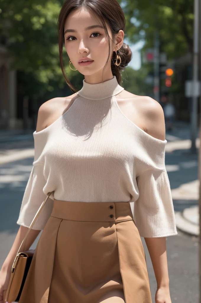 Ultra-realistic capture, Highly detailed, High resolution 16k close-up of human skin. Skin texture must be natural, With such detail that pores can be finely identified, Skin should look healthy, In a uniform tone, Use natural light and color, photo realistic, Full Body Shot, full body. halter-shoulder sleeves, shirts, mini skirt, thighs, Town