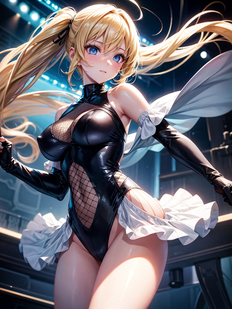 Anime style, super fine illustration, super clear illustration, highly detailed, beautiful detailed, super pale tone image, super delicate illustration, super calm & static image, sexy posing image, static representation, gentle expression, 8k, angle from behind, pretty 1girl with blonde straight short hair & blue eyes & a bright smile & huge breasts & wide hips & nipples & soft fair skin is singing with a microphone & dancing with black underwear & black fishnet tights on the stage, in the midnight, night view throught the window, solo, perfect fingers, perfect arms, perfect legs, masterpiece.