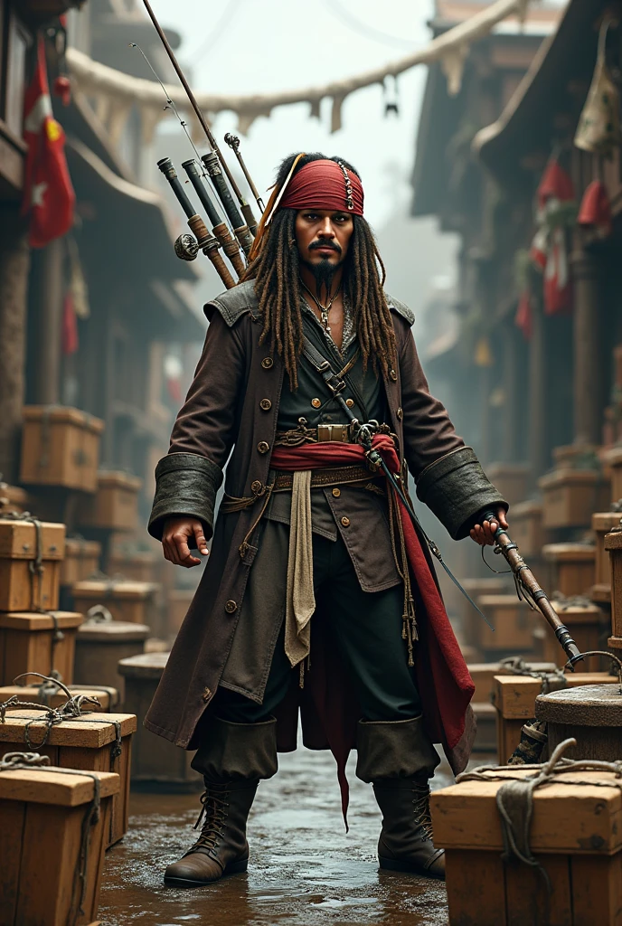 Create an image of Jack Sparrow, who is standing in front of a lot of packages and has several fishing rods and fishing equipment in his hand.