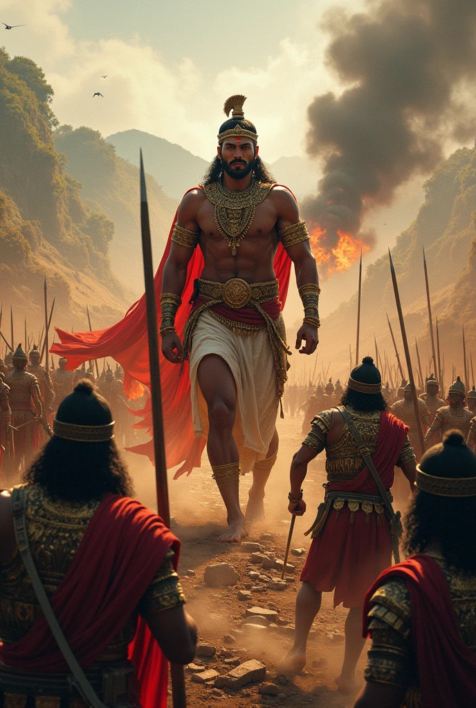 "Illustrate the historic Kalinga War between Emperor Ashoka and Raja Anantha Padmanabha. The scene should depict a dramatic and intense battlefield, with soldiers engaged in combat, demonstrating the chaos and scale of the conflict. Ashoka should be portrayed at the center, leading his troops with a commanding presence and determination." 