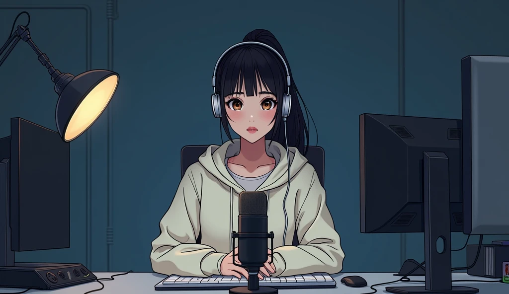 Create an anime-friendly looking female character with headphones who appears handsome and smart.with headphones , SHe has a good face and is wearing a hoodie. The character is sitting behind microphone in office, with microphone infront, with his arms on the desk. It is night, and the room features cyberpunk futuristic envinronment. The female character is front-facing to the camera, looking straight and centered. This is a central portrait with an audio microphone on the desk near his mouth. The character's face should occupy about 1/3 of the image size. He is sitting straight, front view, and centered, looking straight ahead. The overall ambiance of the image should convey a connection to minimalism, with flat illustration, bold lines, simplification, and a gouache illustration style. The image should be in 8K resolution.