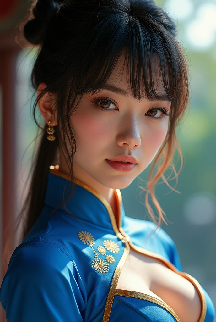 ((Highest quality)), ((masterpiece)), (detailed), 1 personの, sexy、Chun-Li from Street Fight II,The perfect Chun-Li costume,Blue Chinese dress with gold lines,Bunhead,Good cover,Fighting Pose,masterpiece、美しい少女1 person、Beautiful Eyes、Puffy eyes、Highest quality, 超High resolution, (reality: 1.4), Cinema Lighting、Japanese、Asian Beauty、Korean、so beautiful、Beautiful Skin、Body facing forward、Face close-up、(超reality的な)、(High resolution)、(8k)、(非常にdetailed)、(美しくBeautiful Eyes)、(非常にdetailedな)、 (wall-)、detailedな顔、Bright lighting、Professional Lighting、Looking at the audience、Look straight ahead、Diagonal bangs、Nogizaka Idol、Korean Idol、masterpiece, Highest quality, masterpiece, Highest quality, Perfect Face, Perfect brown eyes with white sclera, Bad move -5, alone, 1 person, Upper Body, Brown Hair, From SF2, Chinese Language Services, smile, Muscular Woman, Blue clothes, pantyhose, Pelvic Curtain, puffy short sleeve, Good cover, sash, evaluation:security intelligence