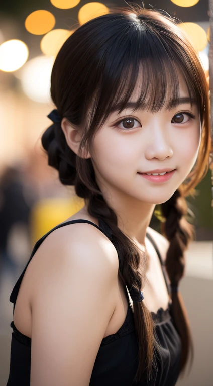 masutepiece, Best Quality, 8K, 15yo student, Teen, Raw photo, absurderes, award winning portrait, Solo, Night, neons, Idol face, violaceaess, gardeniass, Delicate girl, Upper body, Digital SLR, Looking at Viewer, Candid, Sophisticated, zora々Right, Smile, Thin arms, Professional Lighting, Film grain, chromatic abberation, (Eyes and faces with detailed:1.0), (Bokeh:1.1),twintails hair style,