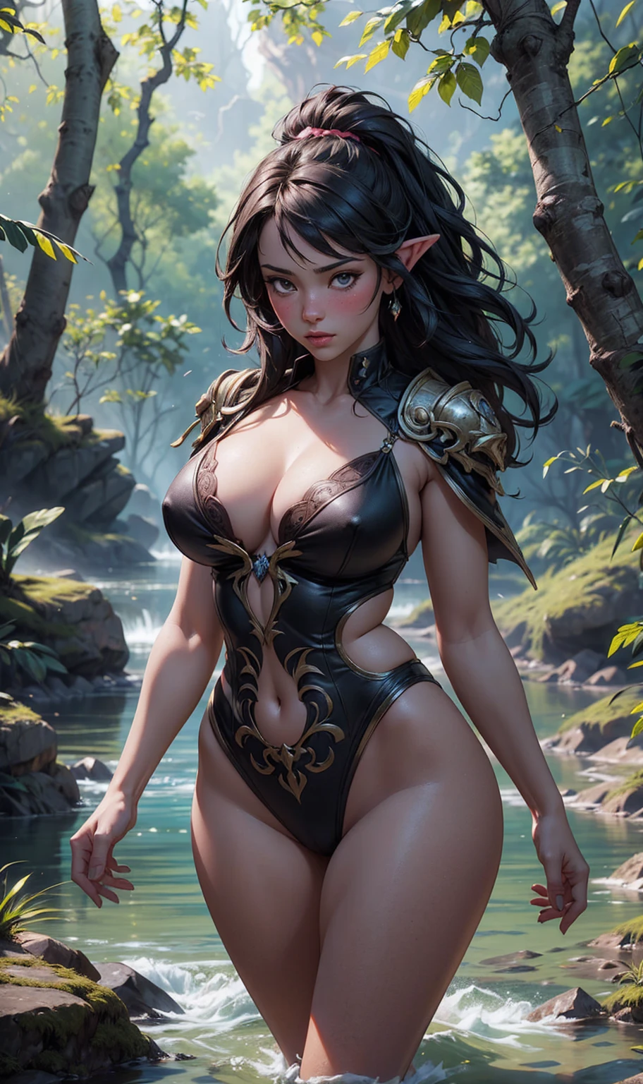 (Papéis de parede de detalhe extremo CG Unity 8k，twork of art，The highest image quality)，(work of art, high resolution, fotorrealisitic:1.4), (captivating forest dark elf with a voluptuous and statuesque figure:1.3), (wearing short, comfortable clothing while walking towards the river:1.2), (black hair falling in waves:1.2), (pale), (dark elf), (drow)(rosy cheeks blushing with a hint of shyness:1.2), (surrounded by the lush beauty of the forest:1.2), (sunlight filtered through the trees:1.1), (Sparkling river reflecting the landscape:1.1), (Soft rustling of leaves in the background:1.1), (Canon EOS R5 Mirrorless Camera:1.2), (paired with a Canon RF 24-70mm f/2.Spring 8L IS USM:1.2), (capturing the realism of the moment:1.2), (celebrating the magical allure of a forest encounter:1.2), (A captivating photo bringing fantasy to life:1.1), cinematic, 超detailded, insane details, beautifully color-graded, engine unreal, DOF, Super-resolution, Megapixels, cinematic lightning, Anti-aliasing, FKA, THAI, RTX, SSAO, Post-processing, post production, Tone-mapping, CGI, Visual effects, sound effects, Insanely detailed and intricate, Hyper maximalist, hiper-realisitic, Volumetric, fotorrealisitic, ultra photoreal, ultra detali, details Intricate, 8k, super verbose, full color, Volumetric lightning, HDR, realisitic, engine unreal, 16K, sharp focus, GREAT CLEAVAGE, Octane rendering --v testp ,por Frank Frazetta,by Julie Bell,by Olivia De Berardini,By Luis Royo,by boris vallejo, GREAT CLEAVAGE