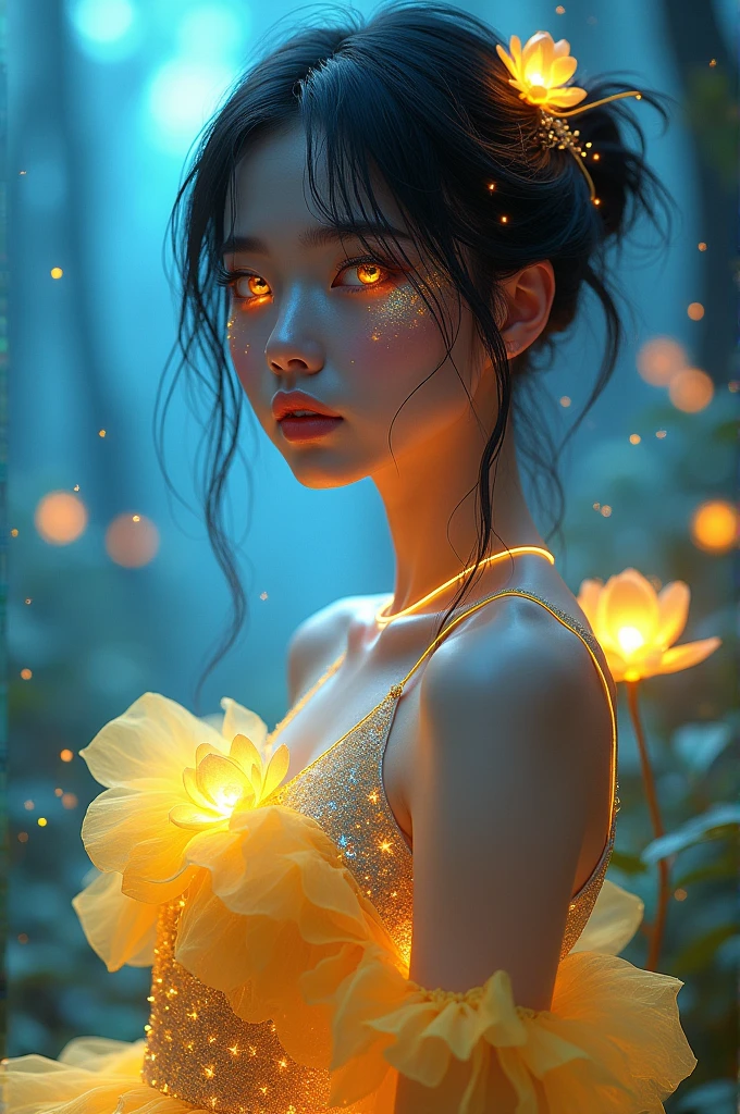 Ukraine flag background, girl in a dress with stars on it, cyberpunk art, inspired by hajime sorayama, digital art, glowing delicate flower, unreal engine : : rave makeup, intricate body, yanjun chengt, beautiful avatar pictures, 3 d neon art of a womens body, glowing porcelain skin, magical fairy forest, aeon flux style, glistening body, | fine detail anime