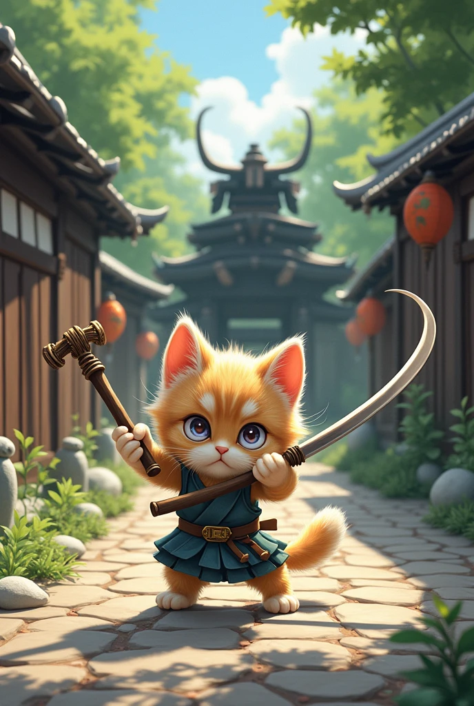 A cute kitten is swinging a chain、A cute kitten with a big head is swinging a kusarigama boldly.、The opponent is Miyamoto Musashi、Old Japanese roads
