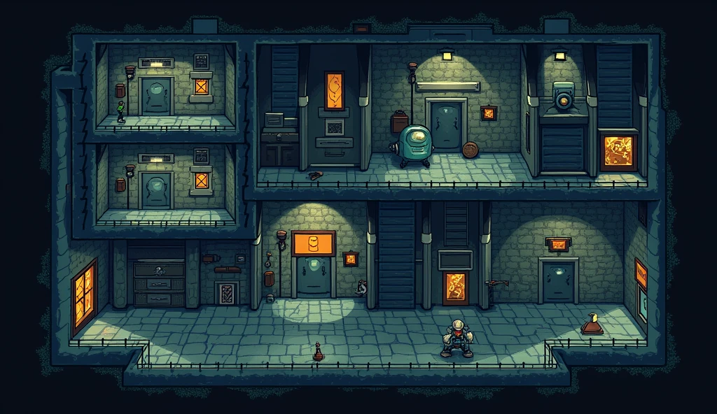 ### **Level Design:**
- **Dynamic Prison Layout:** The prison has a layered, multi-floor design with interconnected hallways, ventilation shafts, hidden passages, and multiple security zones. Each zone presents different challenges based on the thieves' abilities.
- **Puzzles & Obstacles:** Levels include a mix of puzzles that require using the right thief for the job—like moving heavy objects to reach vents, disarming traps to clear the way, or using heightened senses to navigate dangerous areas.
- **Guard Patrols:** Guards patrol specific routes but respond dynamically to player actions, such as reacting to noises, spotting disturbances, or investigating missing items.
- **Security Systems:** The prison is equipped with cameras, laser grids, pressure plates, and gas traps, all of which can be disabled or avoided using the thieves' abilities.
Generate an platform based side view game visual representations in the game pixel format