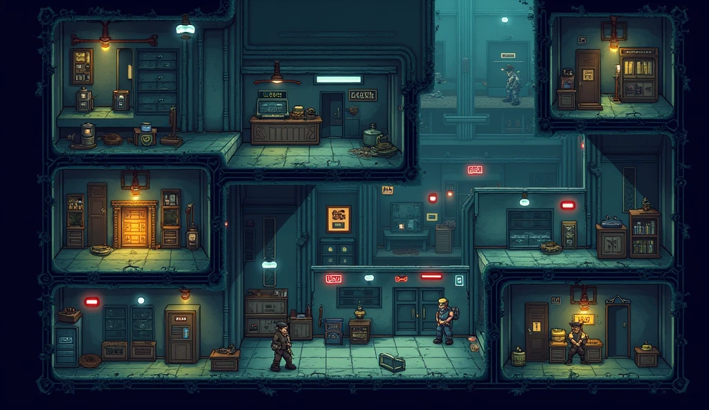 ### **Level Design:**
- **Dynamic Prison Layout:** The prison has a layered, multi-floor design with interconnected hallways, ventilation shafts, hidden passages, and multiple security zones. Each zone presents different challenges based on the thieves' abilities.
- **Puzzles & Obstacles:** Levels include a mix of puzzles that require using the right thief for the job—like moving heavy objects to reach vents, disarming traps to clear the way, or using heightened senses to navigate dangerous areas.
- **Guard Patrols:** Guards patrol specific routes but respond dynamically to player actions, such as reacting to noises, spotting disturbances, or investigating missing items.
- **Security Systems:** The prison is equipped with cameras, laser grids, pressure plates, and gas traps, all of which can be disabled or avoided using the thieves' abilities.
Generate an platform based side view game visual representations in the game pixel format