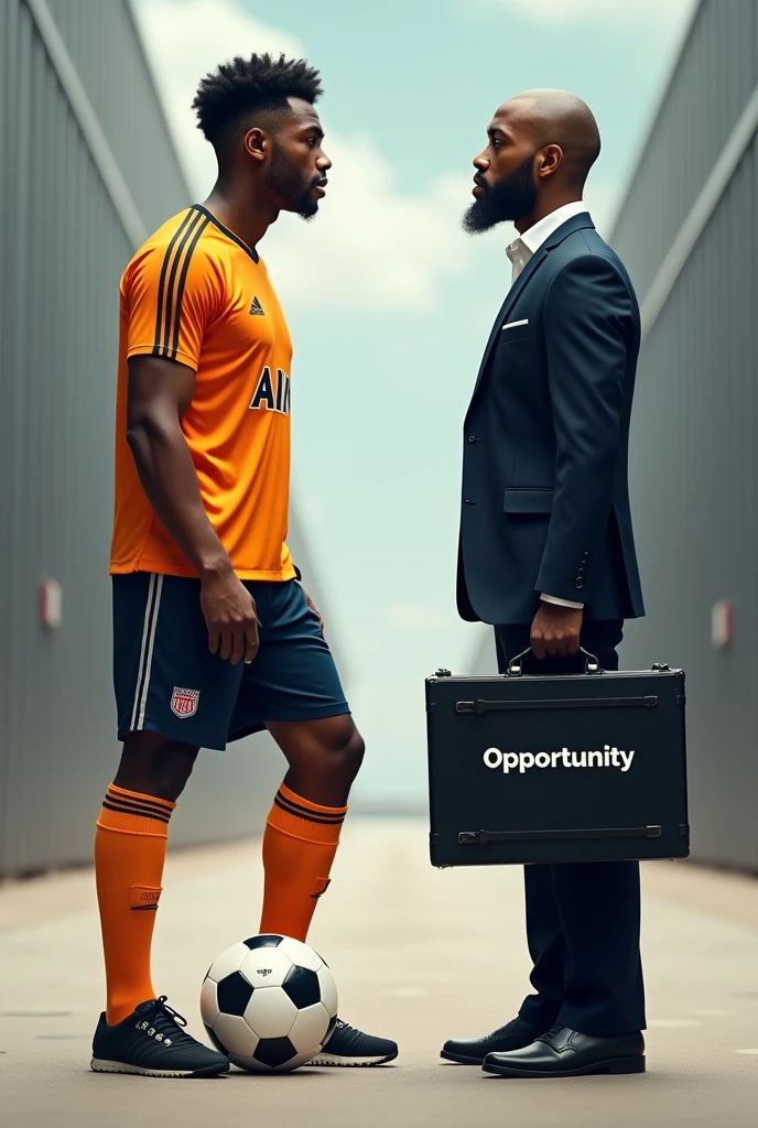black man in soccer uniform with soccer ball under right foot looking in admiration at a black man in suit successful businessman with a briefcase in hand with opportunity written on it.