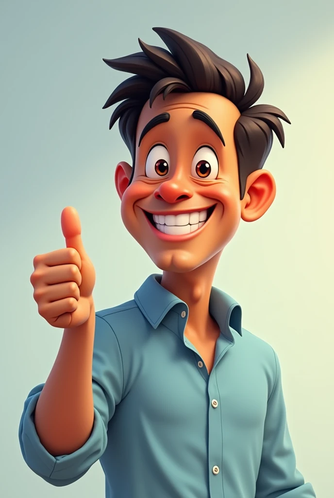 Brazilian man, middle-aged, clear hair, more youthful appearance, slightly chubby face, ssmile, happy, wearing a light blue dress shirt, making a positive sign with your hand "like", not counting body parts, cartoon pixar style