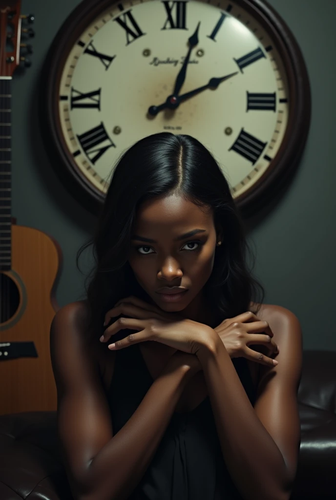 sad black woman with big old clock broken broken hand and a guitar in the background