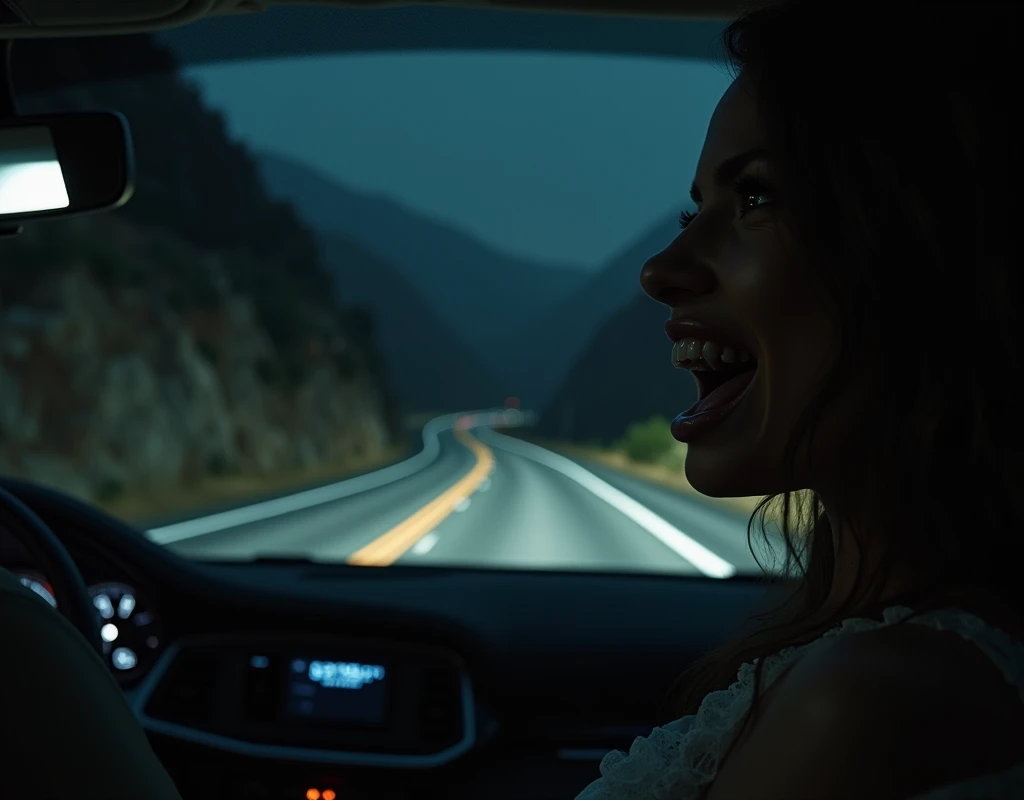 The camera's subjective view from the rear-mounted car captures the treacherous mountain road, shrouded in pitch black darkness, with only the weak glow of headlights illuminating the asphalt. The winding slope stretches out before you, sharp curves and steep inclines making it perilous to navigate. Suddenly, a thin metal guardrail materializes through the windshield, as if warning you to slow down. Ahead, a ghostly figure emerges from the darkness - a stunning woman in a white sheer negligee, her piercing gaze fixed on you, a mischievous smile spreading across her face as she laughs, her ethereal presence seeming to draw you in, like a siren's call, against the eerie backdrop of the mountain pass., perfectly beautiful body, super detailed skin, glossy skin, Beautifully detailed mouth, beautifully detailed teeth, beautifully detailed fangs, beautifully detailed tongue, beautifully detailed lips, masterpiece, incredibly absurd res, absolutely resolution, ultra high res,