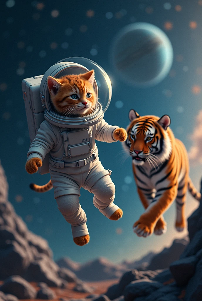 Catin spacesuit in space and tiger hungry for his hunger and spot to prey kitten