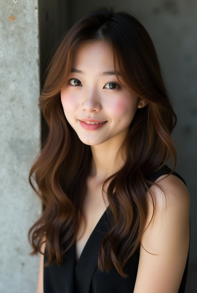 Classy woman、Pretty Japanese woman、Soft hair、Black Sleeveless、Landscape、I can see your forehead、Background is simple concrete、Brown Hair、smile、looking at the camera、Lighten the ends of your hair、semi-long、Outline of an inverted triangle、Big Eyes、Soft in-curling hair