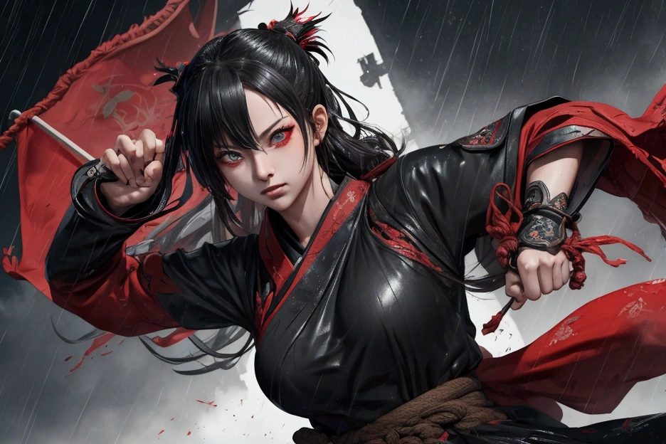 a ready to fight 22 yo japan ninja stunning woman ftom tekken video game, manga ink style, digital art, official art, black & white pic,
blown by the rain and wind, black outfit, masterpiece, beautiful, watercolor paint splatter, with words
in Japanese characters written roughly horizontally, in the hand, a ripped red japan war flag with rays, intricate detail. Great details , dripping:0.7,
Trending on Artstation, Rachel Walker, high detailed