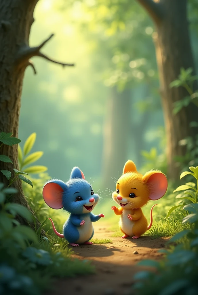 A blue mouse child wanders through the forest, laughing. Next to a yellow daddy mouse, smiles and looks at the blue mouse with love