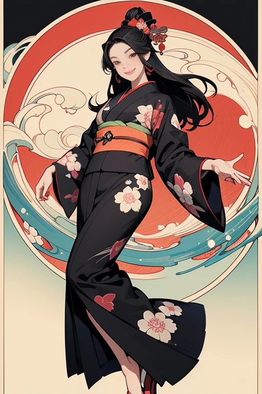 A beautiful woman smiles and shows her upper white teeth、Vividly colored Japanese Ukiyo-e style illustrations、(SeaArt creates stunning illustrations of beautiful women in kimono)、Brown-black long hair、Beautiful full body style、Let&#39;s dance a little Tokyo Ondo Yoiyoi、Beautiful digital painting,、Bright vibrant digital anime art、 Detailed digital anime art、 Beautiful anime portraits、background、Torii gate of a shrine in Kyoto, Japan、Detailed CG、
