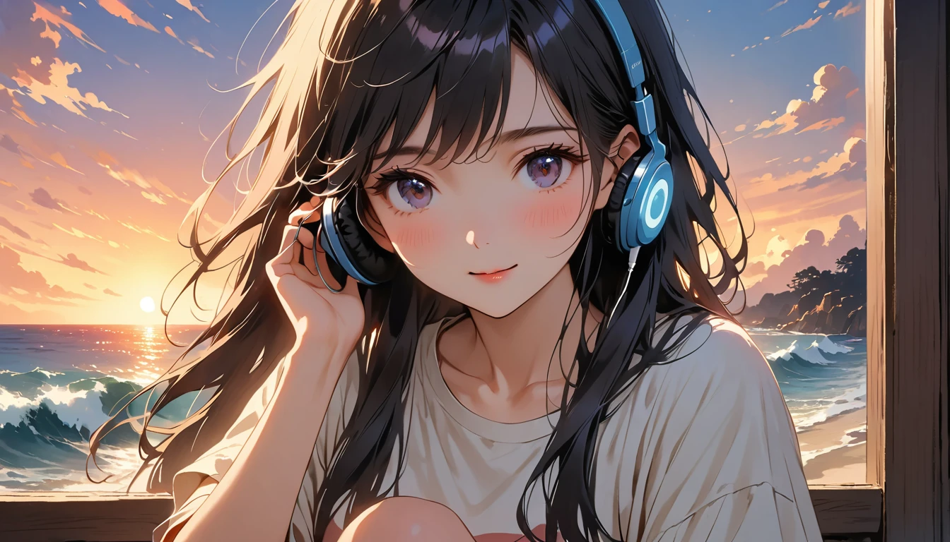 「A girl sitting by a window overlooking the sunset and waves。She puts on headphones、Wearing a T-shirt、Drinking coffee while feeling sleepy。The soft light of the setting sun gently illuminates her face、The shadows add a light accent to the cheeks.。Her eyes are half closed、With a gentle smile、It creates a relaxed atmosphere。Immersed in music、A pleasant breeze gently sways my hair、Outside the window, you can see the beautiful purple and orange gradation of the sunset and the waves.、Ghibli-style scenery spreads out before you。」