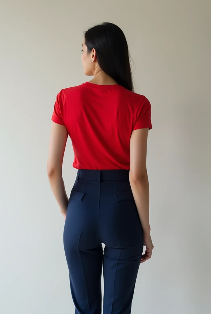 Girl who is wearing dark blue trousers has her back facing the camera and her feet are visible she is wearing red t shirt shirt tucked in the trousers