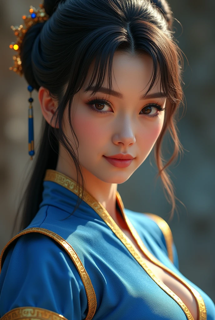 ((Highest quality)), ((masterpiece)), (detailed), 1 personの, sexy、Chun-Li from Street Fight II,The perfect Chun-Li costume,Blue Chinese dress with gold lines,Bunhead,Good cover,Fighting Pose,masterpiece、美しい少女1 person、Beautiful Eyes、Puffy eyes、Highest quality, 超High resolution, (reality: 1.4), Cinema Lighting、Japanese、Asian Beauty、Korean、so beautiful、Beautiful Skin、Body facing forward、Face close-up、(超reality的な)、(High resolution)、(8k)、(非常にdetailed)、(美しくBeautiful Eyes)、(非常にdetailedな)、 (wall-)、detailedな顔、Bright lighting、Professional Lighting、Looking at the audience、Look straight ahead、Diagonal bangs、Nogizaka Idol、Korean Idol、masterpiece, Highest quality, masterpiece, Highest quality, Perfect Face, Perfect brown eyes with white sclera, Bad move -5, alone, 1 person, Upper Body, Brown Hair, From SF2, Chinese Language Services, smile, Muscular Woman, Blue clothes, pantyhose, Pelvic Curtain, puffy short sleeve, Good cover, sash, evaluation:security intelligence