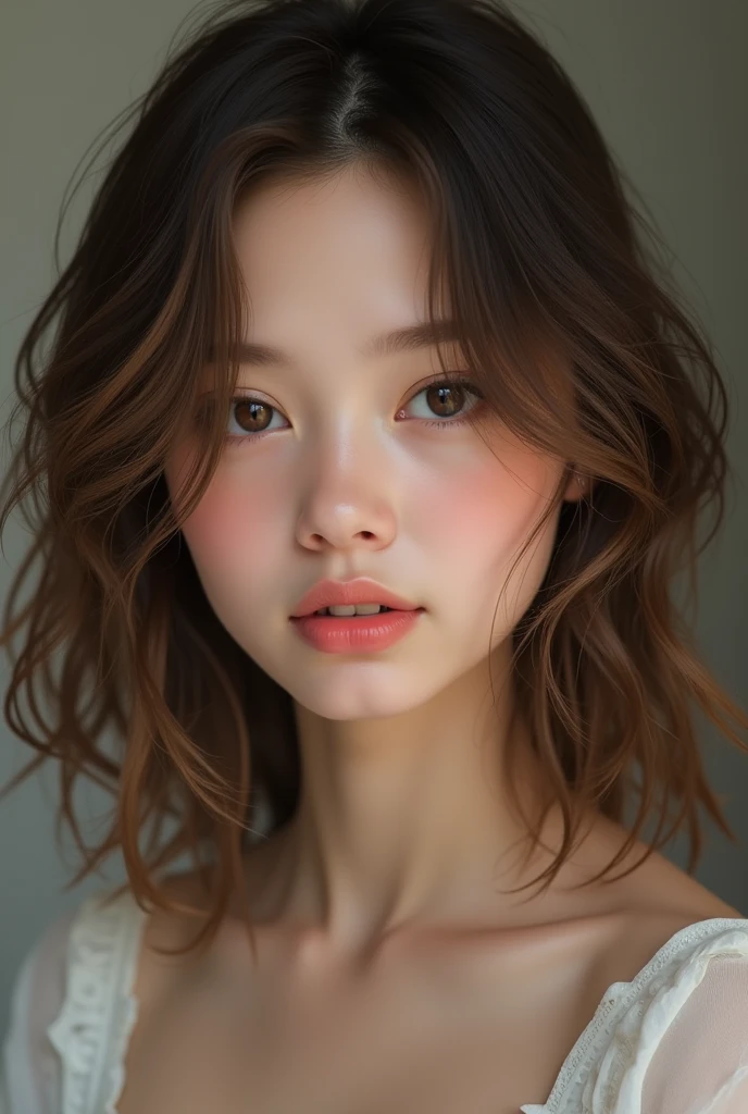 Beautiful very realistic  girl with wavy brown not too long hair 