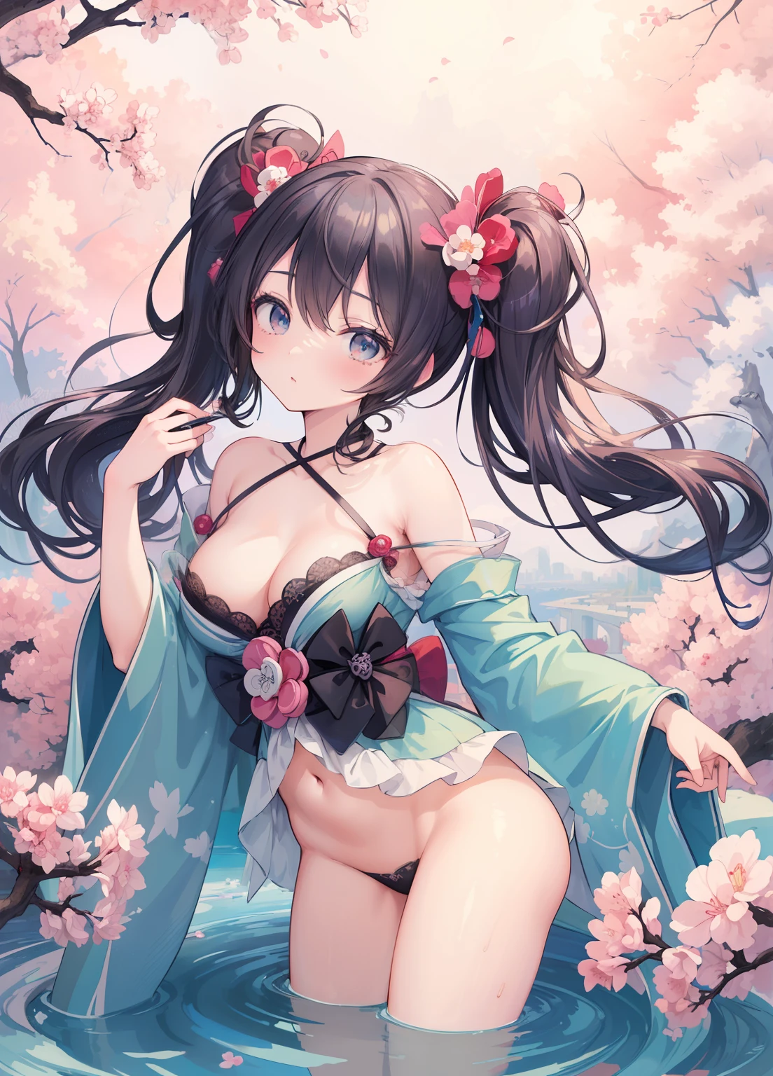 (masterpiece、Highest quality、Highest quality、Official Art、Beautiful and beautiful:1.2)、(One person:1.3)Hatsune Miku、Twin tails,Beautiful breasts, Katsushika Hokusai,masterpiece, super high quality, Beautiful details, Very detailed,16K, Exquisite, Absurd, High resolution, Beautiful background, Beautiful Eyes, Beautiful Skin, Anime Style, one person&#39;s, alone, View your viewers, A kind smile, Woman&#39;s whole body, Blonde, Long Hair, Long, narrow eyes, Brown eyes, Very long eyelashes, very Long Hair, Glossy Lips, Mouth closed, Expressionless, Slender tall body, Small breasts, Resting in a black fur dress, Fur trim, Long black fur hat, Capellet, Jet Black Footwear, Rest Night, star \(null\), starry null, null間, SL train flying in the null