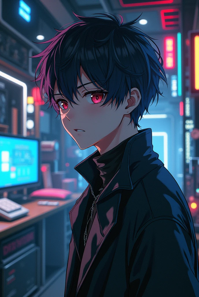 Anime boy, cyberpunk, in room, from head to waist , boy