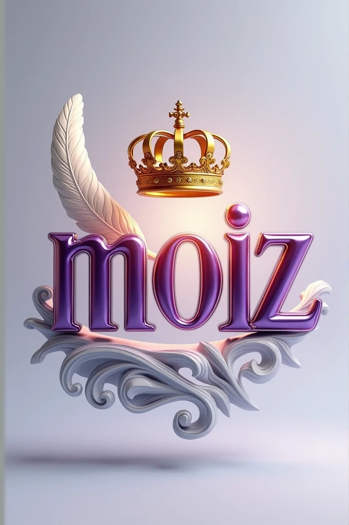A 3d render of the word "Moiz" in a purple and gold metallic font with a golden British crown above and a white feather , with a light shine behind the word, and a silver swirl underneath. The background is a light gray.
