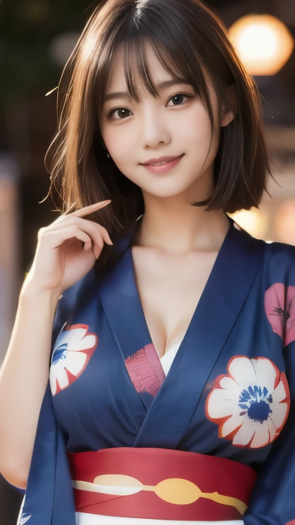 8k,Highest quality,(masterpiece:1.2),(Realistic),(Realistic:1.37),Ultra-high resolution,1 female college student,city,smile,Beautiful Eyes,Summer festival,(((Beautiful yukata))),Big Breasts,Perfect body,Perfect Fingers,Professional Lighting,gravure,Detailed face and skin texture,fine grain,RAW Photos