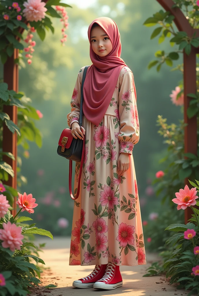 A beautiful Malaysian hijab girl, wearing a spectacle, with a beautiful kebaya outfit, holding a cute white slingbag and wearing a pair of high cut white converse.