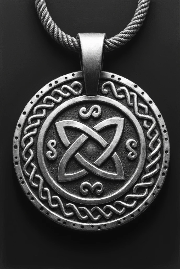 Circular silver pendant with a Celtic rune in the center of the circle whose meaning is “cursed” in Celtic translation art in realistic drawing