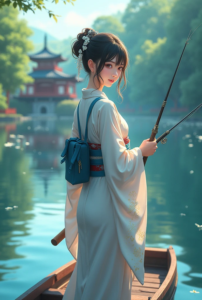 (best quality), (masterpiece), (Ultra-high resolution), (Clear face), （Reality： 1.4）, (perfect lighting),(photorealistic:1.30), anime wallpaper, Guviz style artwork , fantasy cover up to magic , by Yang J, Guviz, beautiful artwork illustration, beautiful digital artwork, beautiful digital illustration, Li Song, beautiful anime portrait, art style at Beauvot,illustration, ethereal and beautiful, highly detailed, CG, unity, 8k wallpaper, Amazing, fine detail, official art, highly detailed CG unity 8k wallpaper,absurd, extremely absurd, large file size, highly detailed , high resolution, very detailed,beautiful girl with details, very detailed eyes and face, beautiful detailed eyes,light on the face,cinematic lighting, A female, kimono , Japanese clothes, Japanese temple, realistic, (full body:1.7), (Turning back viwer), Fishing, holding a fishing rod, outdoor, Lake, Crystal skin details, Glowing skin, ferpect lighting, Soft light, Take a boat, Ika, 