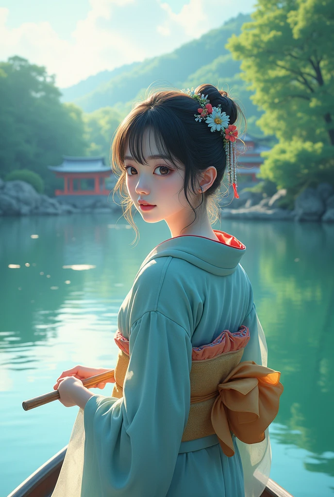 (best quality), (masterpiece), (Ultra-high resolution), (Clear face), (Reality: 1.4), (perfect lighting),(photorealistic:1.30), anime wallpaper, Guviz style artwork , fantasy cover up to magic , by Yang J, Guviz, beautiful artwork illustration, beautiful digital artwork, beautiful digital illustration, Li Song, beautiful anime portrait, art style at Beauvot,illustration, ethereal and beautiful, highly detailed, CG, unity, 8k wallpaper, Amazing, fine detail, official art, highly detailed CG unity 8k wallpaper,absurd, extremely absurd, large file size, highly detailed , high resolution, very detailed,beautiful girl with details, very detailed eyes and face, beautiful detailed eyes,light on the face,cinematic lighting, A female, kimono , Japanese clothes, Japanese temple, realistic, (full body:1.7), (Turning back viwer), Fishing, holding a fishing rod, outdoor, Lake, Crystal skin details, Glowing skin, ferpect lighting, Soft light, Take a boat, Ika,