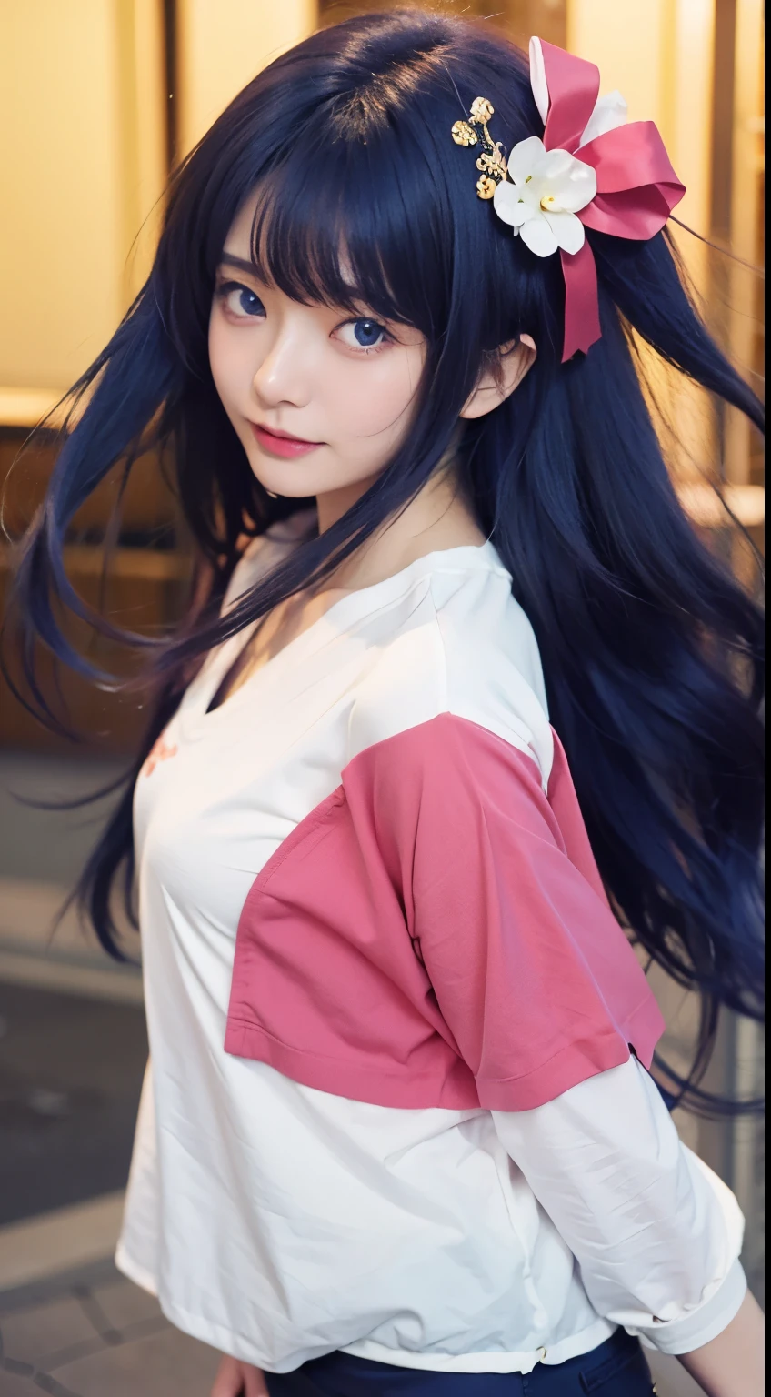 Ai hoshino, oshi no ko anime caracter, famale, blue hair, blue eyes, white pink clothes, beautiful asian face, ultra detailed, ultra realistic, masterpiece.