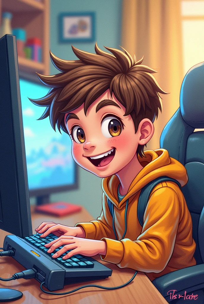 Create an original colored pencil drawing, funny and unique of a very happy brown haired and brown eyed boy playing blade blazer
