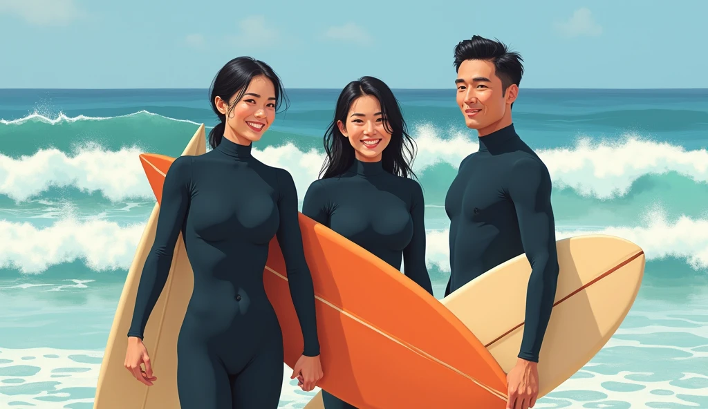 3 person man and women surfer, asian face, (((holding board))). has a confident and happy expression on her face, with a slight smile and bright eyes.wearing wearing (((black surfer outfit))), (((modest clothing))), (((long pants))),full body, background beach