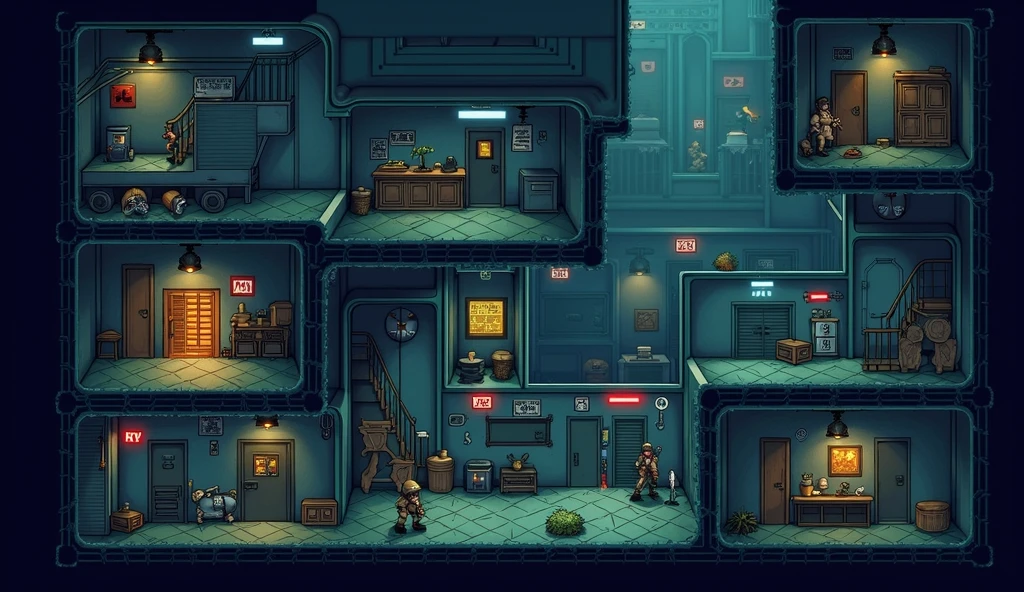 ### **Level Design:**
- **Dynamic Prison Layout:** The prison has a layered, multi-floor design with interconnected hallways, ventilation shafts, hidden passages, and multiple security zones. Each zone presents different challenges based on the thieves' abilities.
- **Puzzles & Obstacles:** Levels include a mix of puzzles that require using the right thief for the job—like moving heavy objects to reach vents, disarming traps to clear the way, or using heightened senses to navigate dangerous areas.
- **Guard Patrols:** Guards patrol specific routes but respond dynamically to player actions, such as reacting to noises, spotting disturbances, or investigating missing items.
- **Security Systems:** The prison is equipped with cameras, laser grids, pressure plates, and gas traps, all of which can be disabled or avoided using the thieves' abilities. 
Generate an platform based side view  game visual representations in the game pixel format 