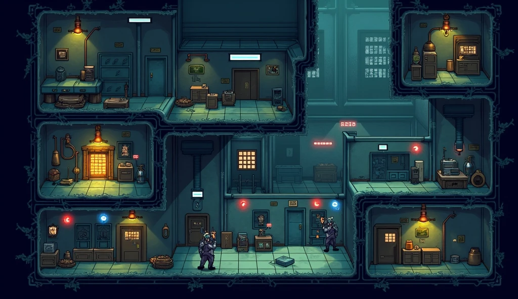 ### **Level Design:**
- **Dynamic Prison Layout:** The prison has a layered, multi-floor design with interconnected hallways, ventilation shafts, hidden passages, and multiple security zones. Each zone presents different challenges based on the thieves' abilities.
- **Puzzles & Obstacles:** Levels include a mix of puzzles that require using the right thief for the job—like moving heavy objects to reach vents, disarming traps to clear the way, or using heightened senses to navigate dangerous areas.
- **Guard Patrols:** Guards patrol specific routes but respond dynamically to player actions, such as reacting to noises, spotting disturbances, or investigating missing items.
- **Security Systems:** The prison is equipped with cameras, laser grids, pressure plates, and gas traps, all of which can be disabled or avoided using the thieves' abilities. 
Generate an platform based side view  game visual representations in the game pixel format 