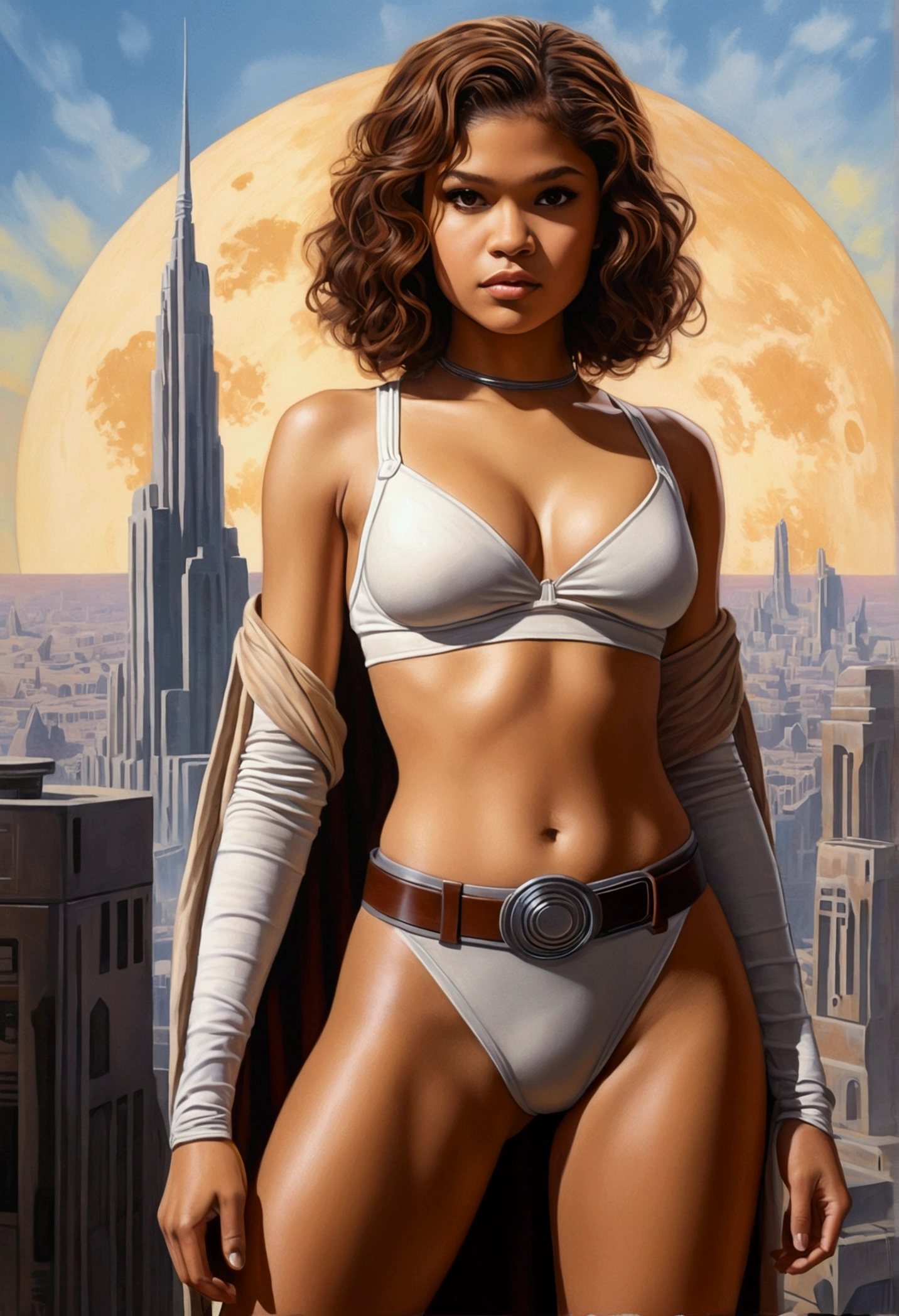 An illustrated movie poster, hand-drawn, full color, a age Jedi, 18-years-old, female, wearing a bralette and leggings, athletic hourglass figure, busty bosoms, full wide hips, massive round butt, long shapely legs, ridiculously thick powerful thighs, hazel eyes, dark hair, kinky curly bob cut, warm brown complexion, resembles Zendaya, standing above Coruscant, graphite shading, stencil marks, airbrushed acrylic paint, masterpiece, in the style of Drew Struzan 