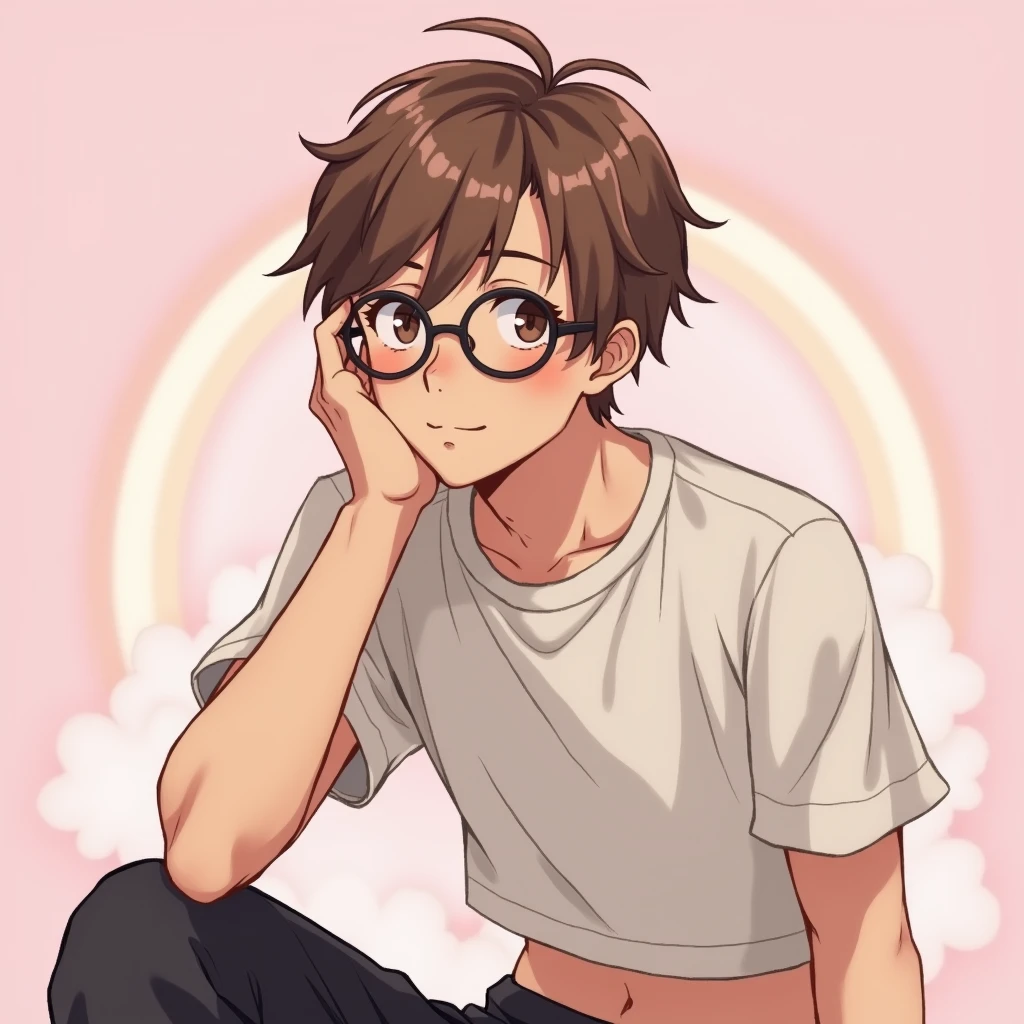1boy avec les cheveux brun clair  avec des yeux brun foncé et des lunettes rondes noir avec un crop top avec des manches courtes en laine blanc et un cargo noir et il est fort rapproché de la caméra on voit sa tête en grand plan trés t’as rapproché de la caméra et un visage calme avec un sourire cute et il tient son visage avec une main il est assis
Fond rose  et un peu couleur arc-en-ciel ￼
Style anime