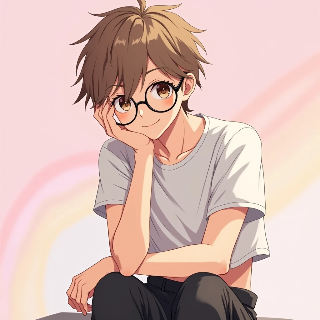 1boy avec les cheveux brun clair avec des yeux brun foncé et des lunettes rondes noir avec un crop top avec des manches courtes en laine blanc et un cargo noir et il est fort rapproché de la caméra on voit sa tête en grand plan trés t’as rapproché de la caméra et un visage calme avec un sourire cute et il tient son visage avec une main il est assis
Fond rose et un peu couleur arc-en-ciel 
Style anime