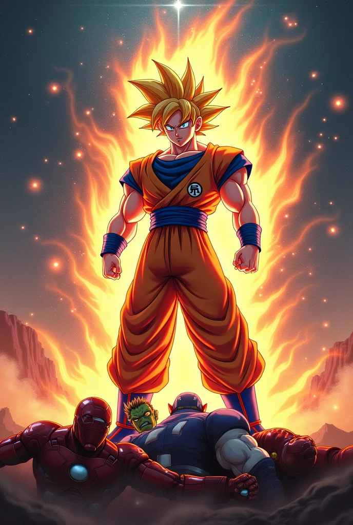 Goku Ultra Instinct fights the Avengers, Goku wins, (Thor) (Hulk) (Iron man) (Captain America) all lie at Goku's feet.