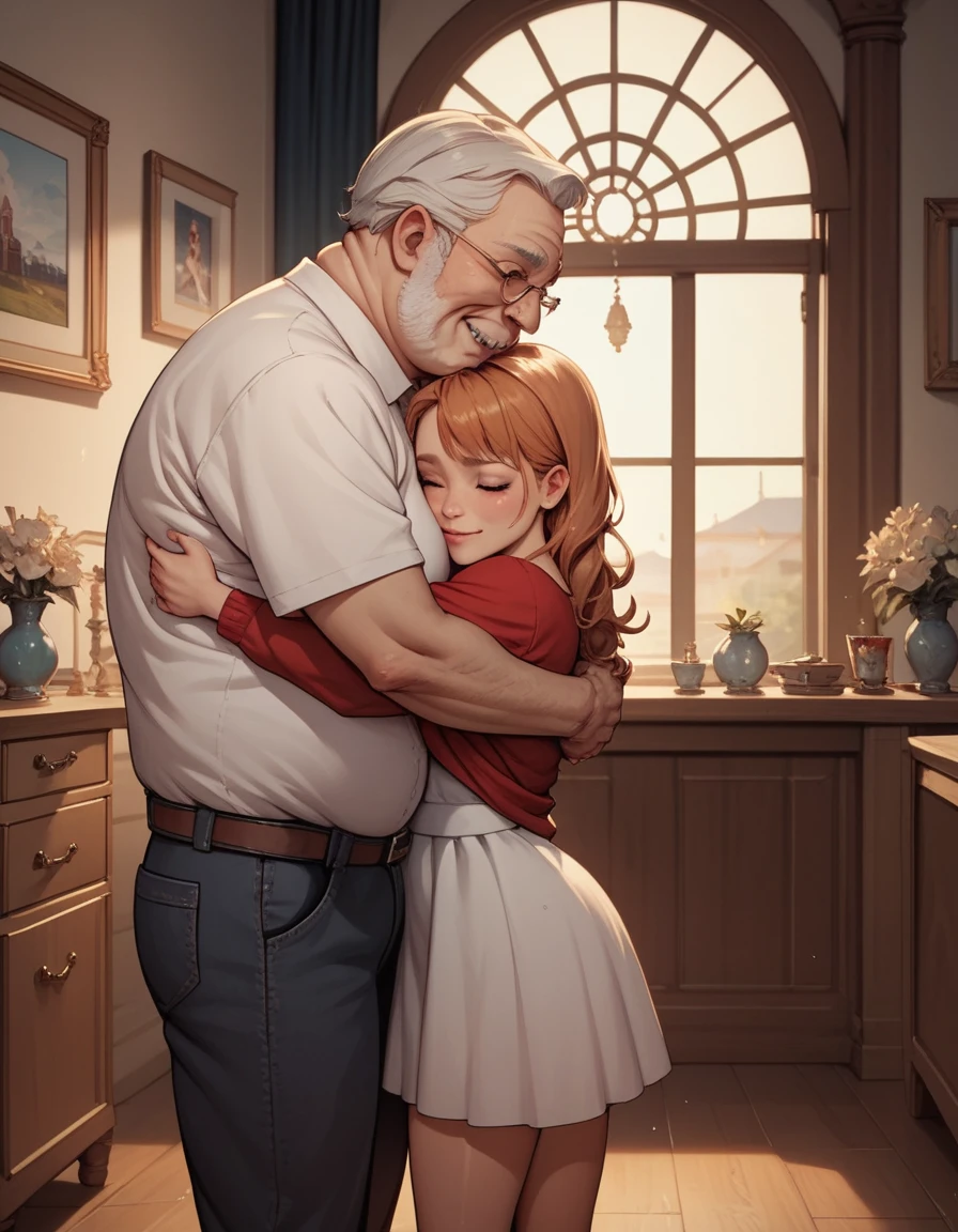 score_9, score_8_up, score_7_up, 1old man , 1girl, young female, (woman and grandfather), in a room, woman and fat old Man, hugging