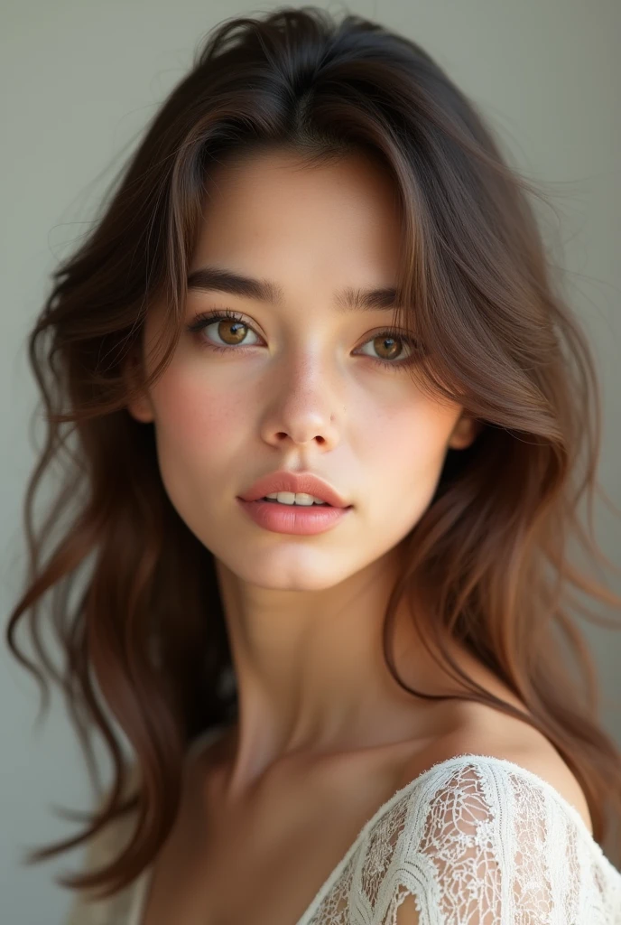 Beautiful very  veryyyyyyyy realistic  girl with wavy brown not too long hair 