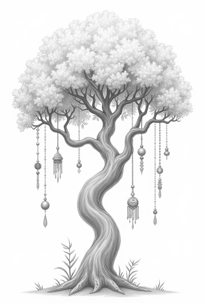 A  pencil drawing of a tree with charms that isn't to complex to draw 