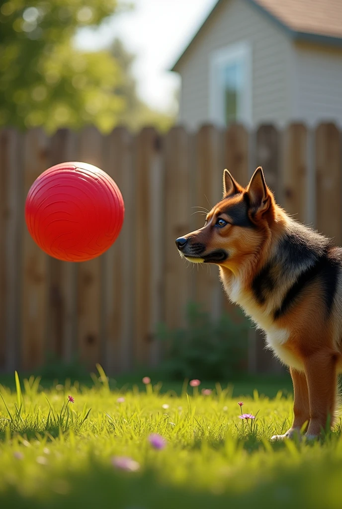 The red ball bouncing over a fence into a neighbor’s yard. Rex looks determined and concerned as he watches.