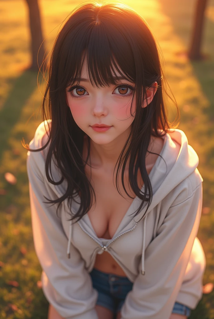 Professional photo-realistic imYears。Sunset Park。I can see your chest、She was wearing a white hoodie with a slit at the chest and no bra..、A neat and clean Japanese woman20Year。He is on his knees, Leaning forward, And with her hands resting on her lap.。Her clothes are rising from her chest, Exposing breasts through a gap.。Small breasts and nipples are visible。 She looked at me and smiled shyly, blushing.。 Composition from directly above。Browsing Caution