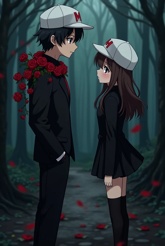 an anime man with black hair and dark maroon eyes and he is wearing a black suit with dark red rose vines twirling around his shoulders and he is wearing a white cap which has a M written on it in red and he is arguing with and an anime woman with long middle brunette hair and dark brown eyes and she is wearing a black outfit with black socks and black boots and she has the same cap as the anime man and they both are crying tears and they are standing in a dark forest and the man is saying "I think we should be just friends" and they are wearing white caps which have a M written on them in red and tears are coming out of their eyes and they are in sorrow and the woman is crying quietly with her head bent